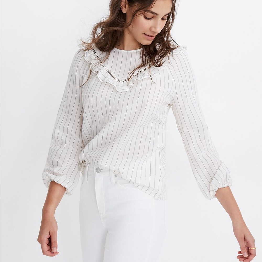 Madewell White Ruffle-Yoke Prairie Top in Pinstripe